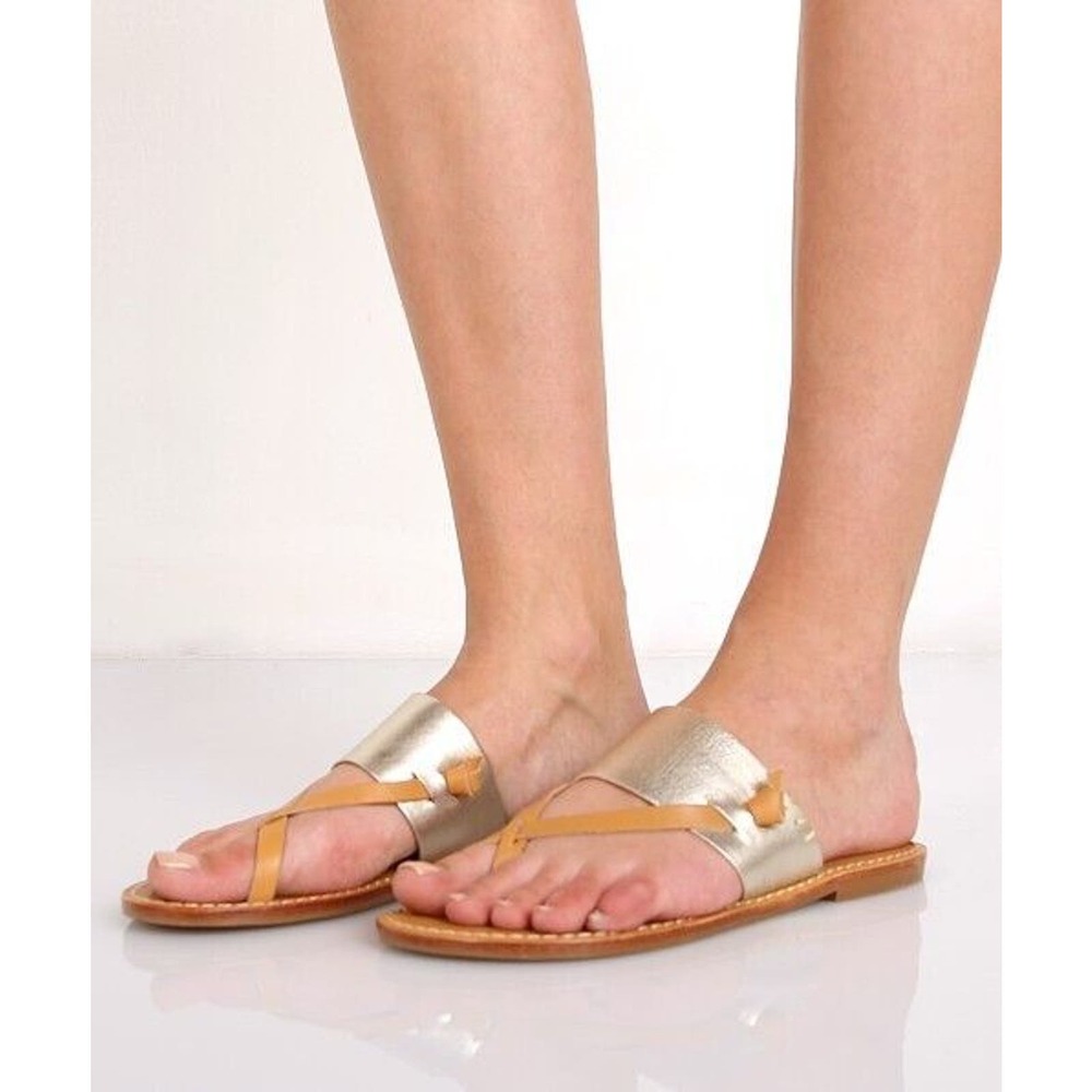 Soludos Women’s Slotted Thong Leather Sandal Natural Metallic Platinum Sz 5.5